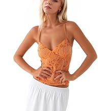 Burtell Women Y2K Floral Sequin Tank Tops V Neck Sleeveless Sparkle Criss Cross Halter Top Rhinestone Open Back Crop Cami Top