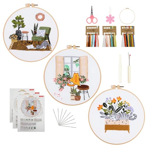olhuvs 3 Set Stitches Practice Kit, Embroidery Kit for Beginners DIY Starter Set with Stamped Flower, Colorful Threads, Tools, Step by Step Instructions F
