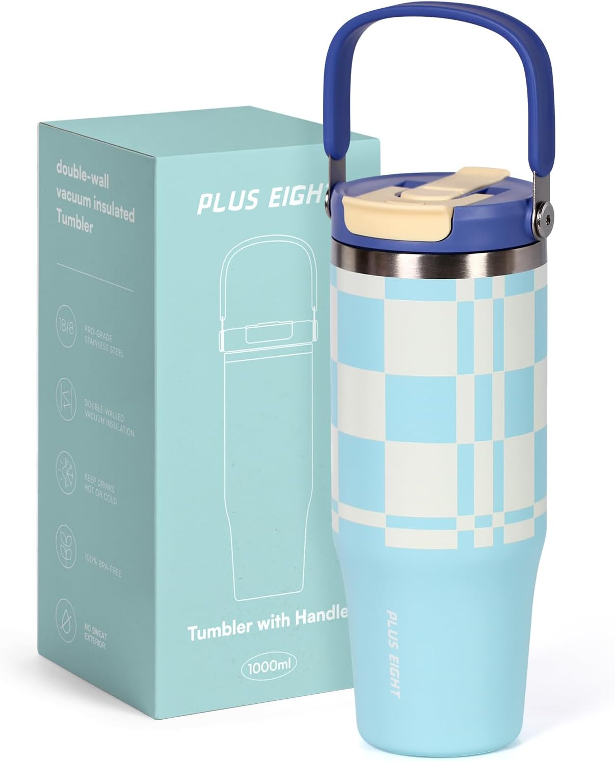 Stainless Steel Tumbler with Straw 1000ml Travel Mug with Handle Leak Proof Reusable Travel Mug Keeps Cold for 24 Hours or Hot for 12 Hours Fits in Car Cup Holder (Blue