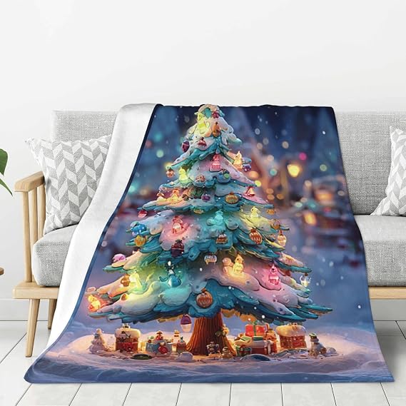 Snowy Christmas Tree Night Cozy Flannel Blanket,Detailed with Colorful Baubles and Presents Under Starlight,Hypoallergenic and Anti-Pilling for Sensitive Skin, A Magical 50"X40"