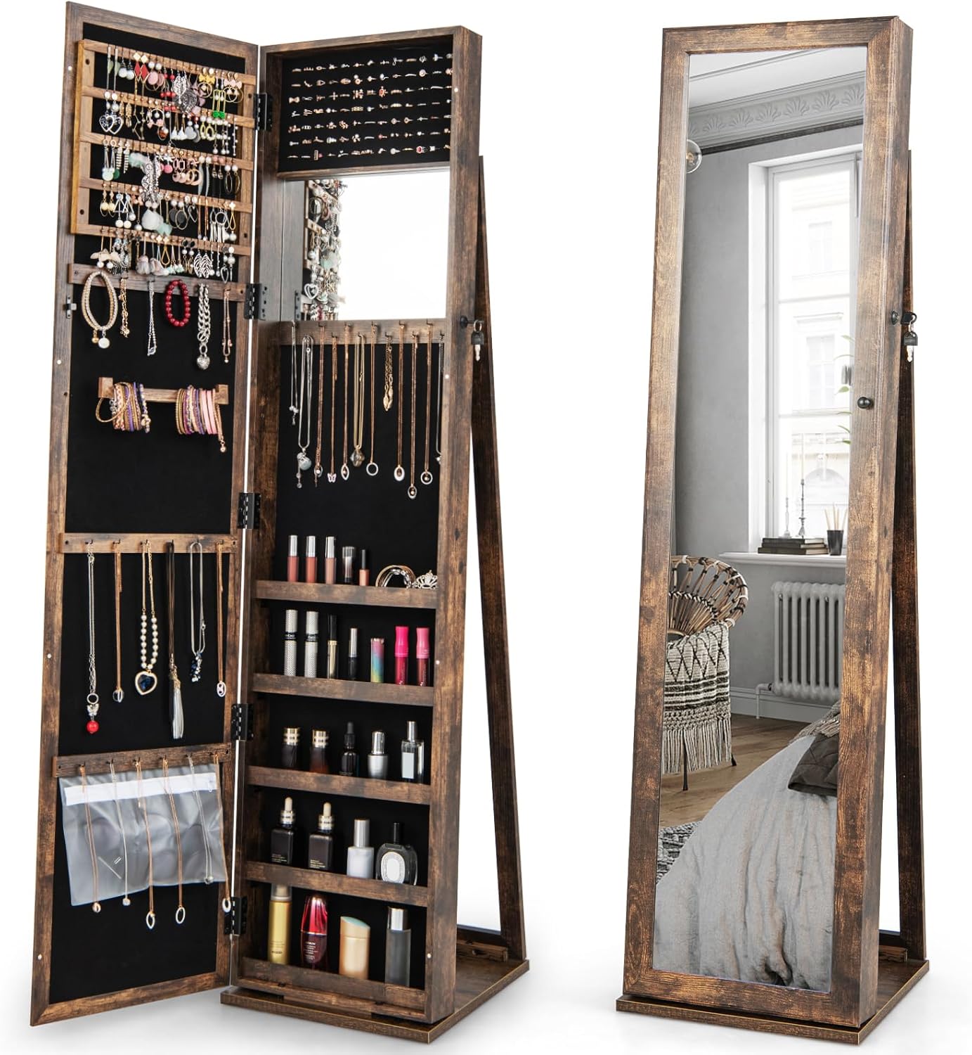 GOFLAME Jewelry Cabinet with Full-length Mirror, Jewelry Storage Organizer with Makeup Mirror, Back Storage Shelf, Lockable Jewelry Cabinet Armoire for Bedroom, Living Room